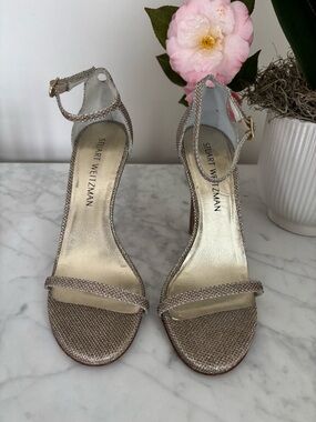 Stuart Weitzman Metallic Taupe Ankle-Strap Sandals